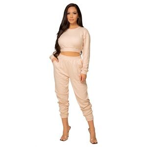 Ribbed Cropped Long Sleeve Top Beige Small NWT